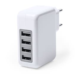 A white USB wall charger with four ports, designed for charging multiple devices simultaneously.