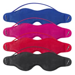 A set of four eye masks in blue, pink, red, and black, featuring a sleek design and adjustable straps.