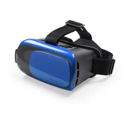 A virtual reality headset in blue and black, featuring adjustable straps and ventilation openings.