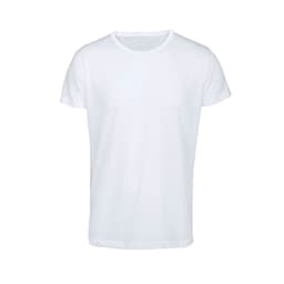 A white t-shirt with short sleeves and a round neckline. It has a plain design and no visible logos.