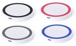 A set of four wireless chargers in black, grey, red, and blue with a white base and a logo.