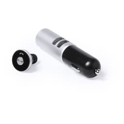 A car charger in black and silver with a detachable plug and a round control button. It features a logo.