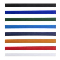 A selection of eight drink bottle sleeves in various colours, including black, blue, green, and red. Each has a smooth texture.