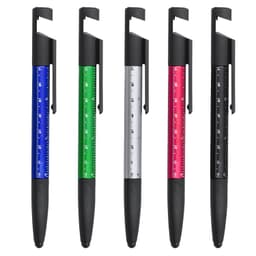 A set of five pens featuring blue, green, red, silver, and black bodies, each with a ruler design and a clip.