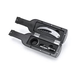 A drink bottle-shaped case in black, containing a corkscrew and a small flashlight. It features a logo.