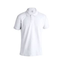 A white polo shirt with a collar and short sleeves, featuring three buttons and no visible branding.