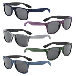 A collection of five sunglasses in navy, purple, silver, green, and black, each with dark lenses and a logo.