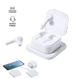 A wireless earbud charging case in white, with two earbuds and a smartphone nearby. The case features a wireless charging pad.