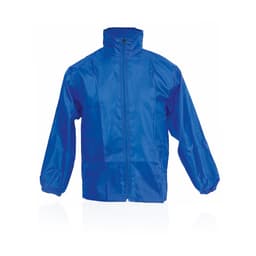 A blue jacket with a full front zip, stand-up collar, and elasticised cuffs. It features a logo on the chest.
