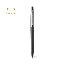 A black pen with a silver clip, featuring a logo at the top left corner.