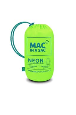 A bright neon green packable jacket stored in a compact carrying pouch, featuring a logo.