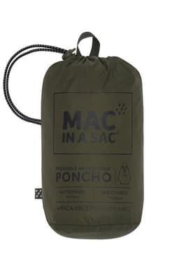 An olive green packable poncho in a storage pouch with a drawstring and branding.