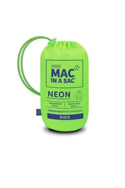 A packable kids' jacket in bright neon green, featuring a branded drawstring pouch for storage.