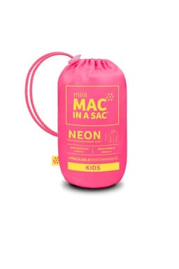 A bright pink packable jacket stored in a compact pouch, featuring a drawstring for easy portability.