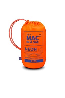 An orange packable jacket is displayed in a compact pouch, featuring a drawstring. The pouch has a logo.