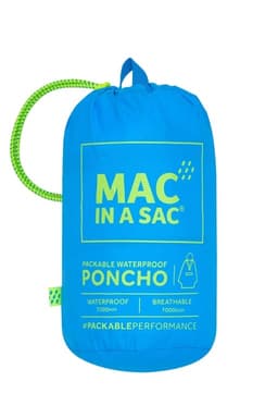 A packable poncho in bright blue with a green drawstring, featuring a logo and waterproof specifications.
