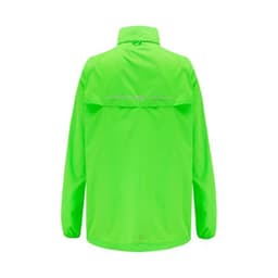 A bright green packable jacket with a collar and long sleeves, featuring a logo on the back.