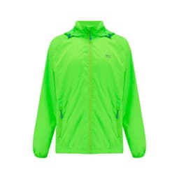 A neon green packable jacket featuring a zippered front and two side pockets. It includes a branded logo.