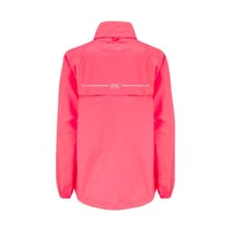 A bright pink packable jacket featuring a back flap and elasticised cuffs. It has a logo displayed on the back.