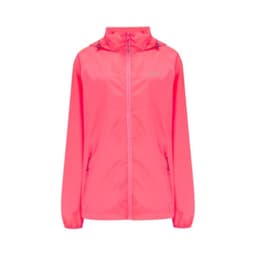A packable jacket in vibrant neon pink with a hood, featuring a logo. Zippered front and pockets.
