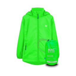 A bright neon green packable jacket with a hood, featuring a compact storage pouch. Includes a logo.