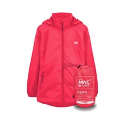 A red packable jacket for kids, featuring a hood and compact storage pouch. Includes a logo on the jacket.