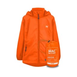 An orange packable jacket for kids, neatly folded into its own matching pouch. The jacket features a hood and has a logo.