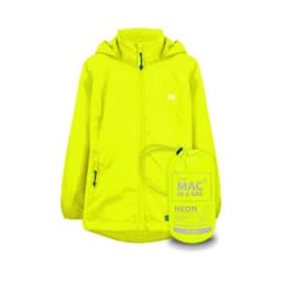 A bright neon yellow packable jacket displayed alongside its compact storage pouch. Features a hood and zip closure.