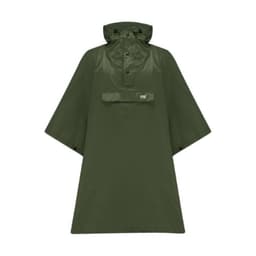 A green waterproof poncho with a hood, featuring a front pocket and a branded logo.