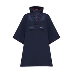 A navy poncho featuring a hood, snap buttons, and a front pocket. It has a logo on the front.