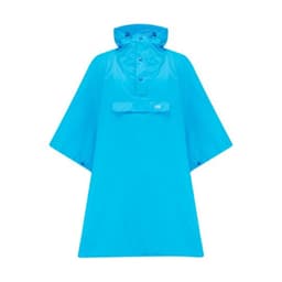 A bright blue poncho featuring a hood and a front pocket. It has a logo on the chest area.