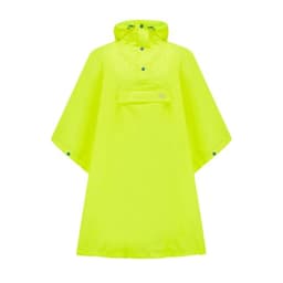 A bright yellow poncho with a hood and front pocket, featuring snap buttons and a logo.