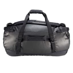 A black duffle bag with multiple straps and a smooth, glossy finish, featuring a logo on the side.