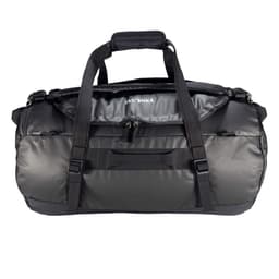 A travel bag in black and grey, featuring dual handles and adjustable straps. It has a zippered compartment and a logo.