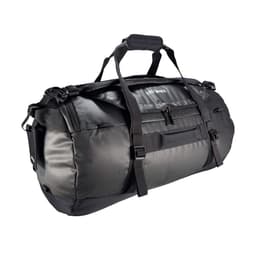 A black duffel bag with adjustable straps and a sturdy handle, featuring a logo on the side.