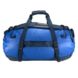 A blue travel duffle bag with multiple straps and handles, featuring a dark blue base and mesh detailing.