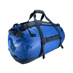 A blue duffel bag with black straps and a logo on the side, featuring a large storage compartment.
