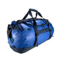A duffel bag in blue and black with multiple straps and a logo. Features a large compartment and side pockets.