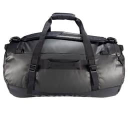 A large black duffel bag with two sturdy handles and adjustable straps, designed for transport. It features a logo.
