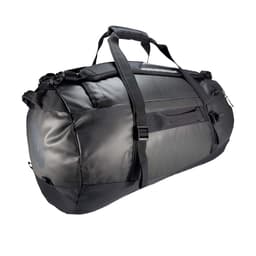 A large black duffle bag with handles and adjustable straps, featuring a sleek design and a logo.