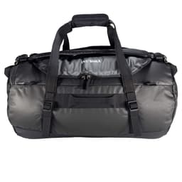 A travel bag in black and grey, featuring multiple straps and a zippered compartment, with a logo on the front.