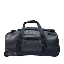 A travel bag with wheels, featuring a dark grey exterior and sturdy handles for easy transport.