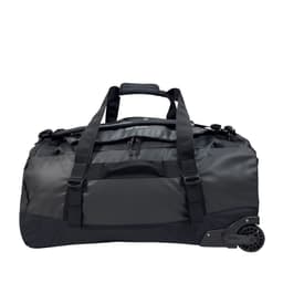 A duffel bag with wheels, featuring a sleek black design and multiple handles for easy transport.