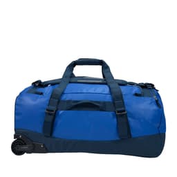 A blue duffel bag with wheels and contrasting darker blue accents, featuring sturdy handles and zippers.