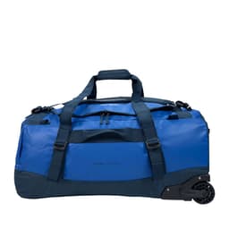 A large blue duffle bag with wheels, featuring sturdy handles and adjustable straps. It has a logo on the side.