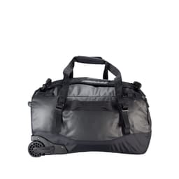 A duffel bag in black with wheels and handles for easy transport. Features a logo on the front.