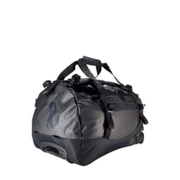A durable black duffle bag with wheels and multiple carrying handles, featuring a logo on the side.