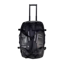 A travel duffel bag with wheels, featuring a black design and multiple straps for securing contents.