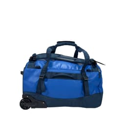 A blue wheeled duffle bag with dark blue accents and multiple straps for easy carrying. It features a roller system.
