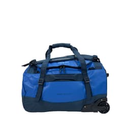 A duffle bag in blue with black accents, featuring wheels and carry handles, designed for easy transport.